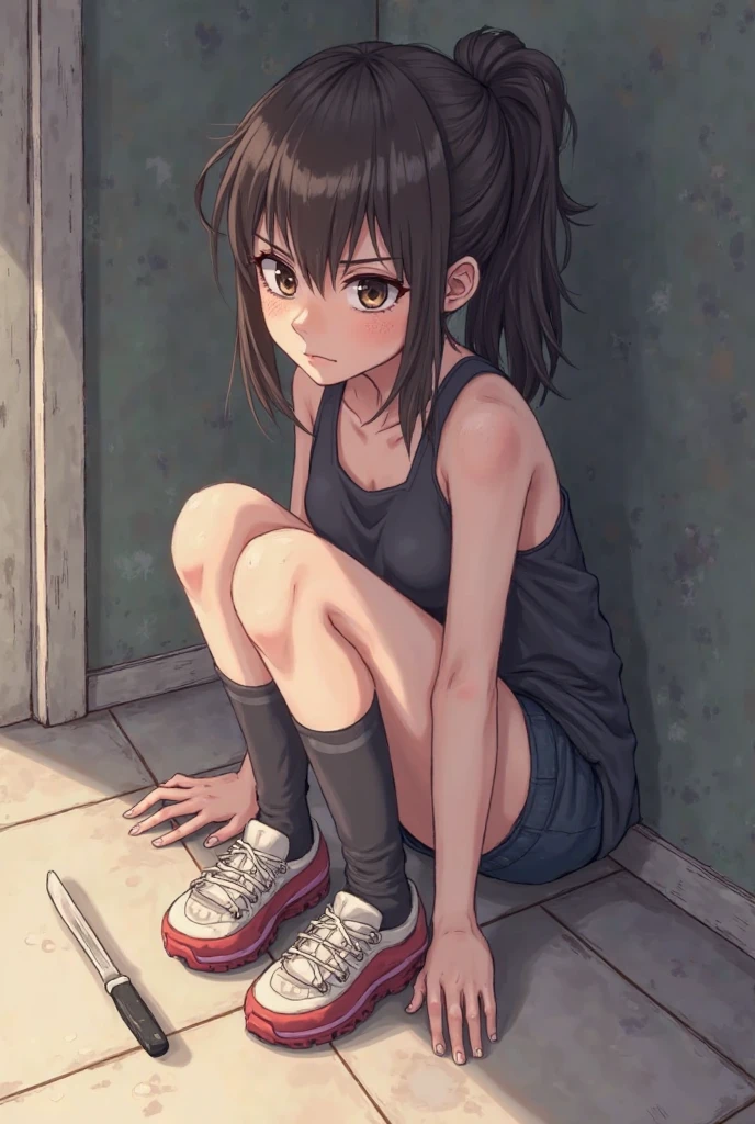 A young skinny brunette girl with blue eyes is on her knees in dirty, leaky clothes and crying in a drug den; high resolution
