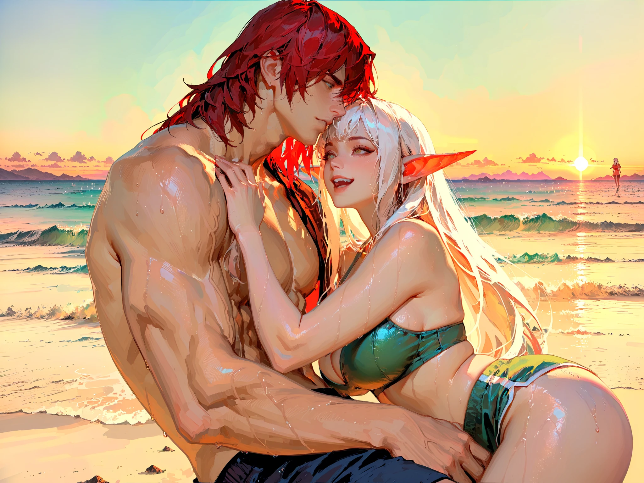 couple, score_9, score_8_up, score_7_up, source_anime, TakashiroHiroko ,(!!sharp long elfs ears!!, !! red hair!!, !!long hair!!, separete bang), long elf ears, Extremely detailed, ambient soft lighting, 4k, perfect green eyes, a perfect face, perfect lighting, a 1girl)), ((curvy, big breast, little chubby, curvy body, little chubby)), warm embrace, silhouette contrast, soft focus, vibrant color palette,glowing lights, vibrant reflections, warm lighting, perfect face, perfect green eyes, perfect light, dynamic light, natural light, !!girl with RED HAIR!!, 1boy(Dante(Devil may cry)!!white hair!!, separate bang, swimming shorts, ((boy with white hair)), white hair, tall, muscular man, summer art, beach, shiny skin, wet hair, cute swimsuite, cute, summer, clean sky, sun shining, summer day,masterpiece,best_quality,beautiful_detailed,shooting each other with water pistols, having fun, happy