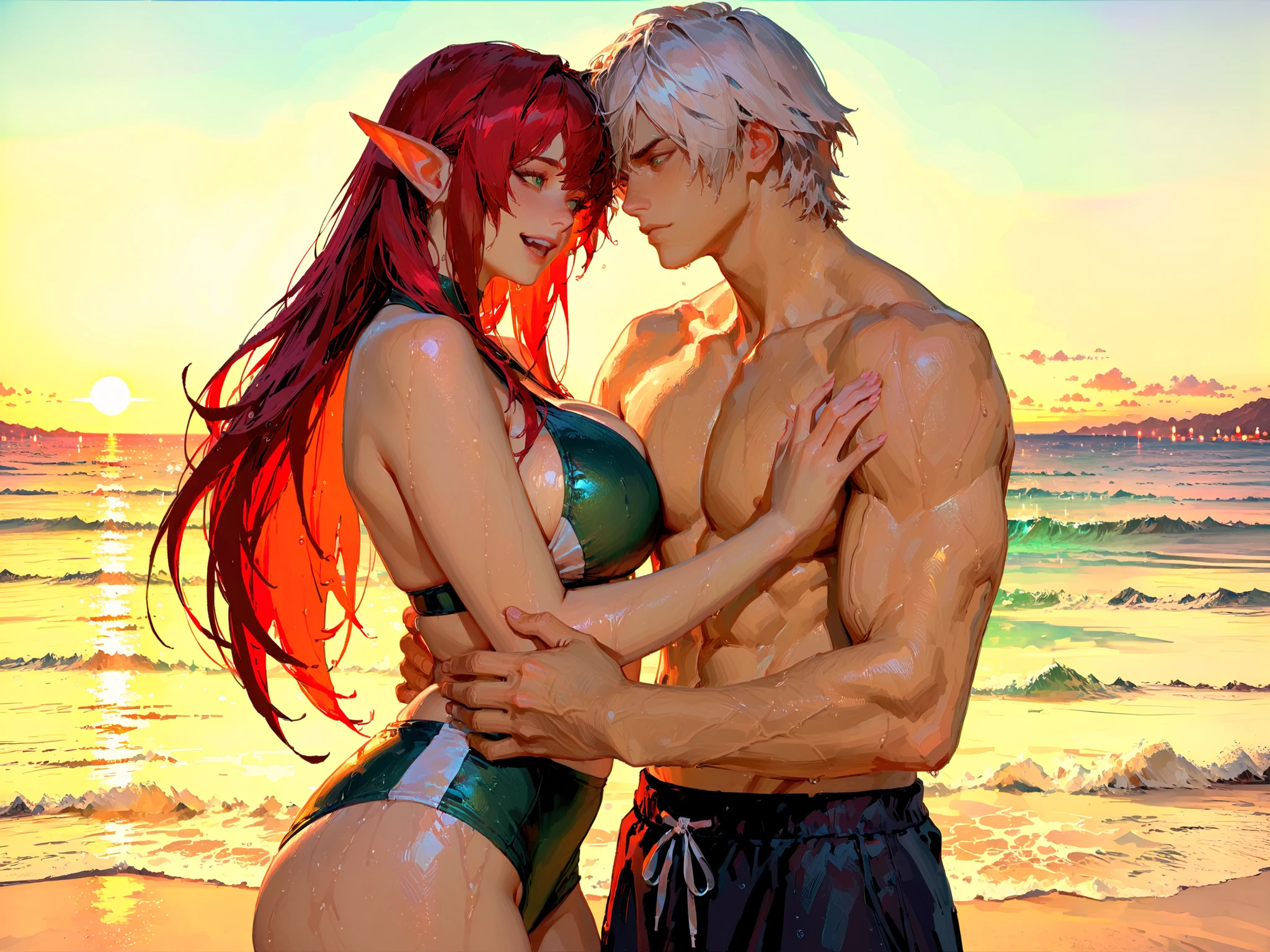 couple, score_9, score_8_up, score_7_up, source_anime, TakashiroHiroko ,(!!sharp long elfs ears!!, !! red hair!!, !!long hair!!, separete bang), long elf ears, Extremely detailed, ambient soft lighting, 4k, perfect green eyes, a perfect face, perfect lighting, a 1girl)), ((curvy, big breast, little chubby, curvy body, little chubby)), warm embrace, silhouette contrast, soft focus, vibrant color palette,glowing lights, vibrant reflections, warm lighting, perfect face, perfect green eyes, perfect light, dynamic light, natural light, !!girl with RED HAIR!!, 1boy(Dante(Devil may cry)!!white hair!!, separate bang, swimming shorts, ((boy with white hair)), white hair, tall, muscular man, summer art, beach, shiny skin, wet hair, cute swimsuite, cute, summer, clean sky, sun shining, summer day,masterpiece,best_quality,beautiful_detailed,shooting each other with water pistols, having fun, happy