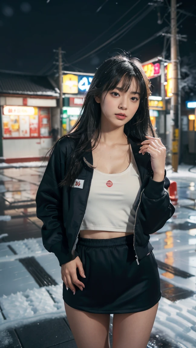 Masterpiece, (best quality:1.4), ultra high res, master photography, professional color grading, depth of fields, rule of third, 50mm, film grain, (photorealistic:1.4), cinematic lighting, chromatic abberation, 1girl, long hair, wearing coach jacket, streetwear, hypebeast, detailed face, detailed eyes, flat chest, looking at viewer, front view, cowboy shot, Hong Kong street background, night, city light, blurry background, sfw