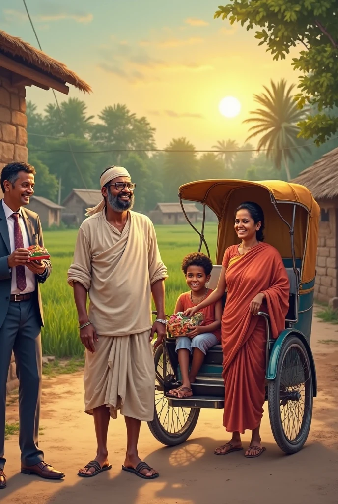 Create a heartwarming and peaceful scene that symbolizes the unity between Hindu and Muslim communities in Bangladesh. The setting should be a village market square during the day, where people from both communities are interacting harmoniously.
Center Focus: A small tea stall with a few people sitting together. The stall has an old wooden bench where a Muslim man with a traditional prayer cap and a Hindu man with a tilak on his forehead share a cup of tea and a friendly conversation.
Background: In the background, depict a Muslim family buying sweets from a shop labeled "Misti Bhandar," while a Hindu family walks by a mosque nearby. The mosque and a temple should be visible in the same area, symbolizing coexistence.
Details: Include a rickshaw passing by with a driver and passenger, one Hindu and the other Muslim, smiling and exchanging greetings. Children of different religions are seen playing together, emphasizing the harmony.
Environment: The environment should feel warm and inviting, with natural elements like trees, and the sky should be bright with a few clouds. The colors should be vibrant, reflecting the joyful and peaceful atmosphere of the scene.