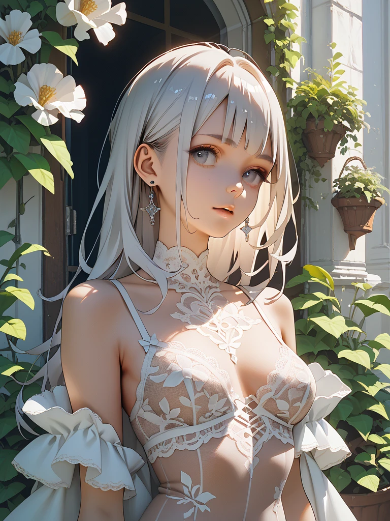 Highres, bestquality, masterpiece, very high image quality, An ultra-Detailed,, hyperrealistic, 3D, very cute beauty, White Skin, white wavy french braid hair, white body, brilliant green big eyes, GIANT breast, slender body, All over body, See-through feather robe
