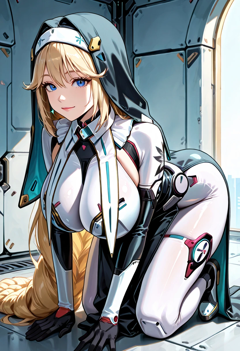 Mecha suit, armor, Monster girl, bunny girl, voluptuous, muscular, dark skin, blonde hair, blue eyes