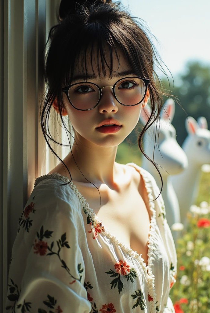 ((best quality、masterpiece、high sensitivity、high resolution、detailed depiction、depicting a delicate face、Ｆvalue：6.0),((Slender Woman、wearing glasses)),Moomin、 snafkins、Moomin谷で出会って、