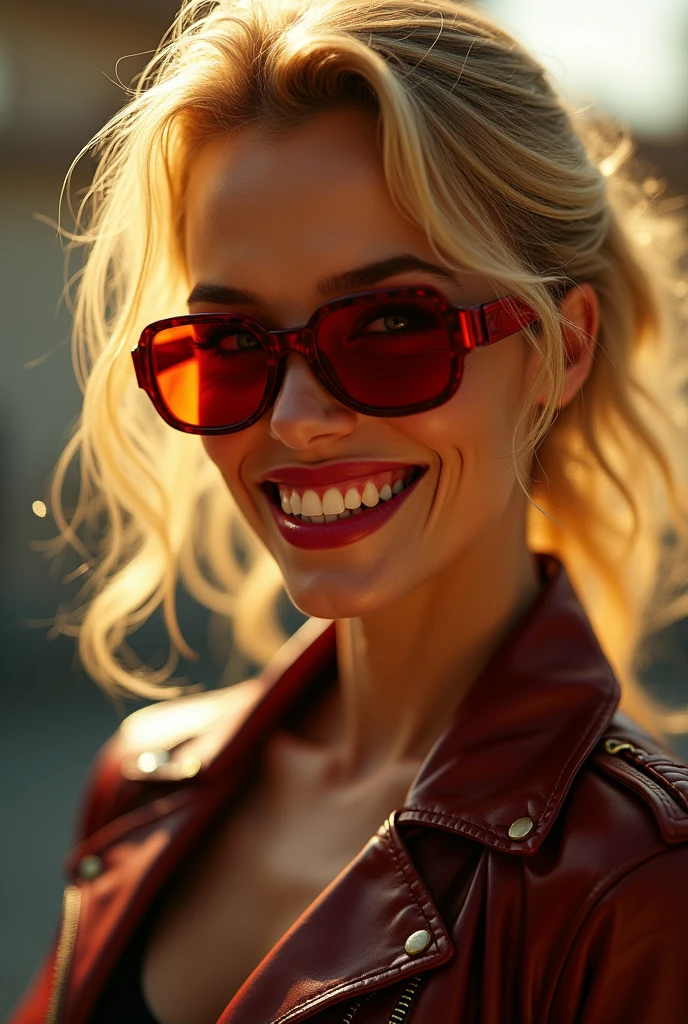 woman with red hair and sunglasses holding a and smiling, a very macular woman in white, she has a distant expression, maia sandu hyperrealistic, but a stern look about her, not smiling, carola rubio, proud serious expression, looking serious, laura sava, serious face, concerned expression, serious expression, sanja stikovic, intense expression
