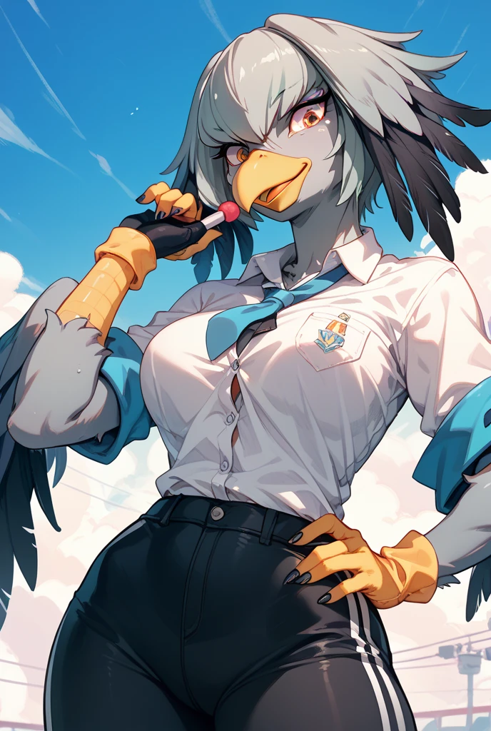 score_9, score_8_up, score_7_up, score_6_up, score_5_up, score_4_up, BREAK, source_anime, best quality, masterpiece, 2d, intricate details, official style, anime, 4k, anime style,
birdgirl, 1girl, solo, tail, feathers, claws, furry female, body feathers, bird tail, snout, beak, bird girl, bird legs, feather hair,
skirt, shirt, ribbon, school uniform, collarbone, white shirt, short sleeves, sailor collar, red ribbon, blue skirt, neck ribbon, suspenders, suspender skirt, pinafore dress, tokyo-3 middle school uniform, skirt lift, panties, pantyshot, 
cowboy shot, looking at viewer, white background, simple background, gradient background, <lora:add_details_xl:0.6>, <lora:Bird_Pony:1>