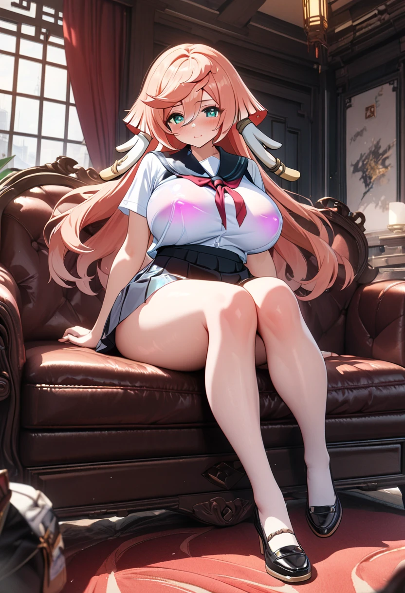 (masterpiece, best quality), 1girls, big belly, blurry background, huge belly, art by kipteitei, round belly, chubby, curvy, white button-up shirt, skirt, thighhighs, simple_background, gradient_background, belly bursting out of shirt, belly grab, enormous belly, fat belly, thicc, bigger belly, sitting on chair, really big belly, jiggly belly, shirt covering belly, belly cover by shirt