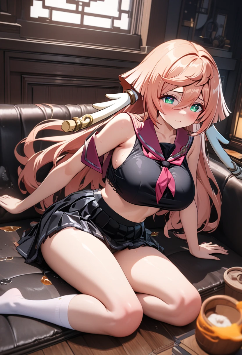 Cute Anime girl with *(white long hair),* (with cat ear shaped hair ties), (2 long ponytails from both sides of the hair, 2 red ribbons tied on the hair with 4 pointed star each), beautiful red eyes, very wide sleeves and a very short skirt, white underlayer and cute red obi shaped like a ribbon and a golden decorative obi string, a long frilly sock on (only one leg), (cute dark blue kimono, (gold collar), [(white long hair)], loose kimono, wall background, worried face, very short skirt that her whole thighs are exposed, no underwear, slight NSFW, exposed cleavage, a bit large breast, bouncy skin
