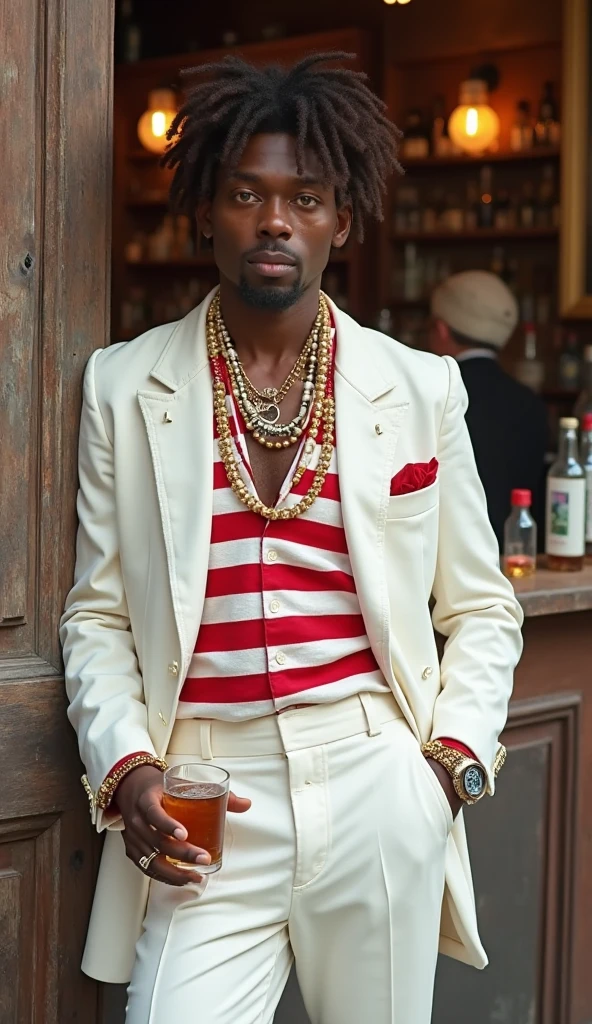 Black man in red and white striped clothing , with a white beret on his head, cigarettes in his mouth, leaning against the wall 