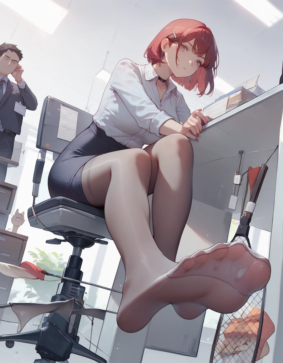 pale woman, ginger hair in a bun, glasses, tight black blazer, black pencil skirt, barefoot, small feet, 5 toes on each foot, black nail polish, thick thighs, large thighs, wide hips, strict teacher, full body shown including feet, foot worship, femdom, dominant, sitting on her desk, male college student kneeling
