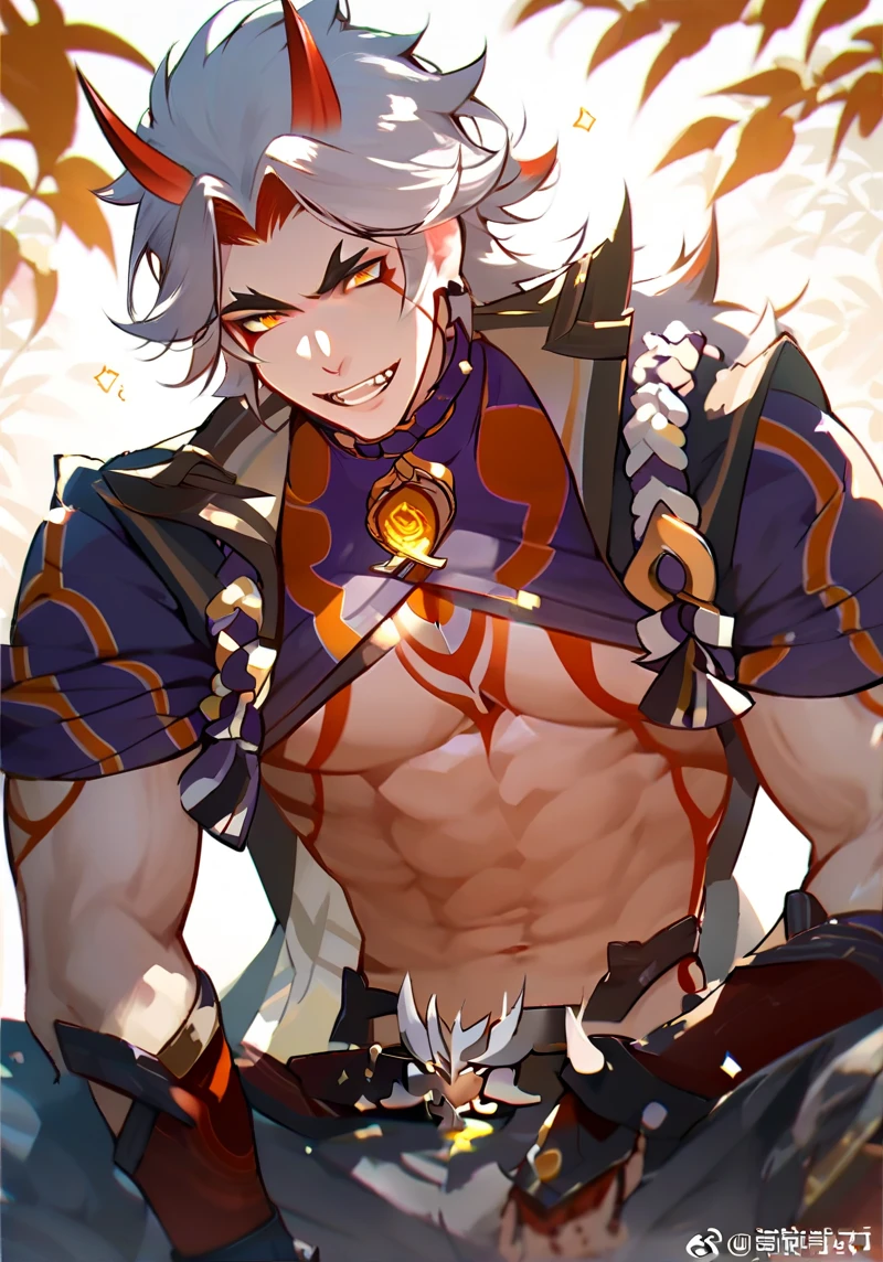 1 man, white hair, Male, tattoo, demon, muscular, shirtless, lean, smiling, mushroom hat, giant mushroom hat, mushroom on head, cat ears, cat tail, golden eyes, Cinematic Lighting, ethereal light, intricate details, masterpiece, best quality, HDR, UHD, unreal engine, clear eyes,