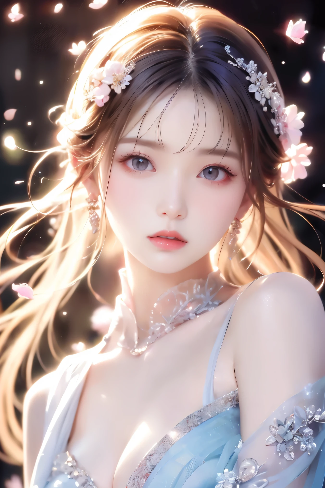 4K Ultra HD, Masterpiece, A girl with a magical aura, Good face, Long hair, shinny hair, Detailed eyes, Glossy lips, Wearing a red Lolita costume, The aura around the body, Magical effect, Spread white light, Cosmic elements and ethereal atmosphere, A mix of bright lights and colorful nebulae, universe background, Sitting, Full body capture.