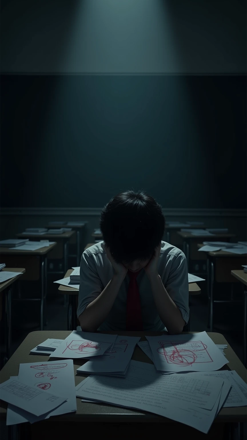 A ager with depression sits at a desk in a classroom. There are many papers on the desk and some say “F”. On the desk is his iPhone turned on