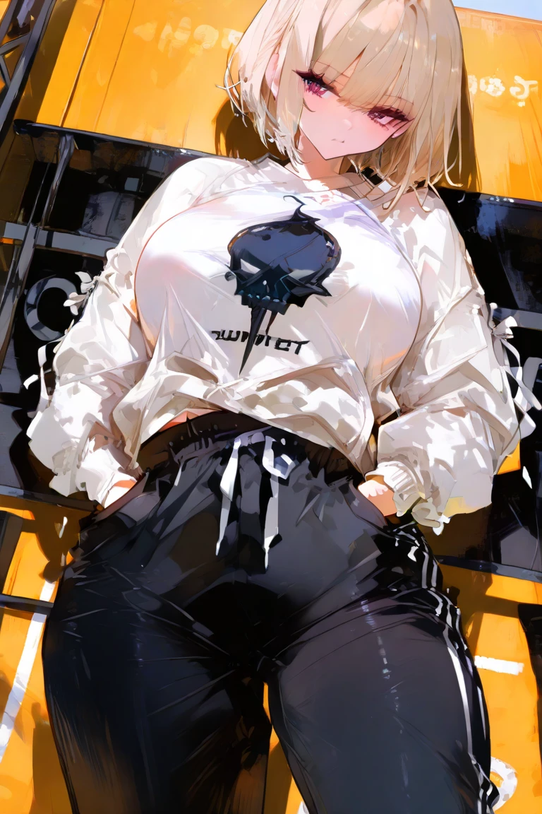 feminine, yellow short hair, older than me, tousled hair, or, , faul, T-Shirt, not wearing pants, Excited face, tired eyes, lazy girl, sitting on sofa, large , Anime-Series (aegyo sal:1), Viewers look at, Full body, Facing the front, Facial pain