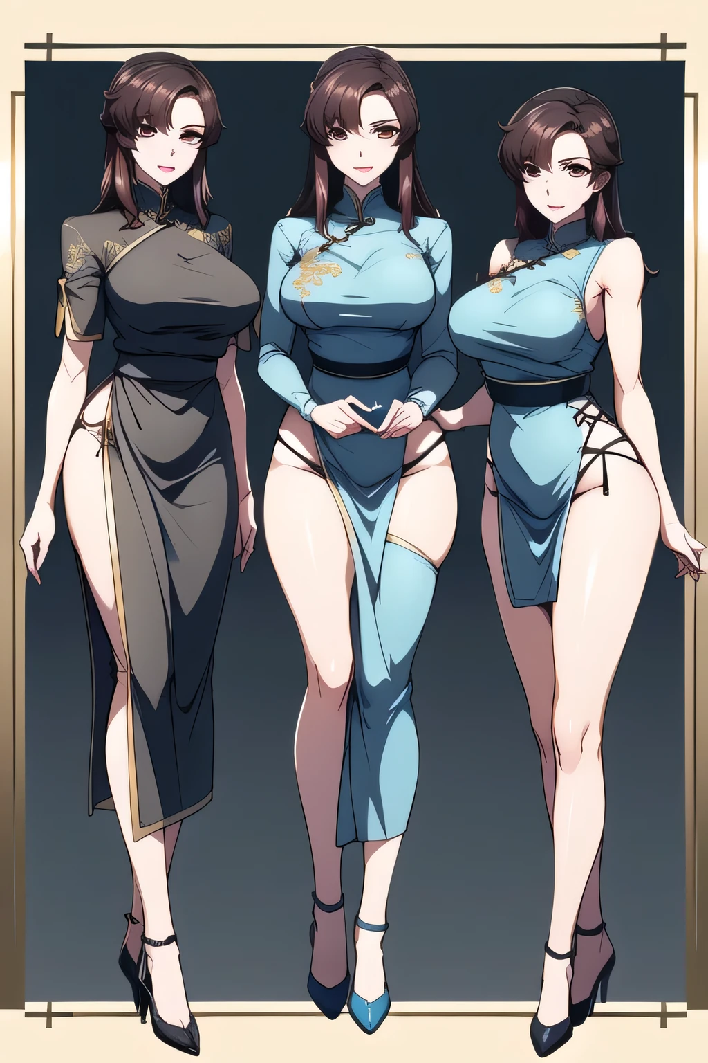 Can you draw shiny blue Chinese clothes,,standing,(Please draw facial expressions in an even more delicate way),(China clothes with a blue gold border),( Chinese clothes with dragon embroidery)( Dark Blue Panties ),(high heels)Can you draw shiny blue Chinese clothes by yourself, The face is necessary for the work, so don't trim, , 40歳大peopleの色気のある女性です、 , , Big Breasts,But thin waist , people々Can you draw a,accurately drawing 5 fingers is very important for the work