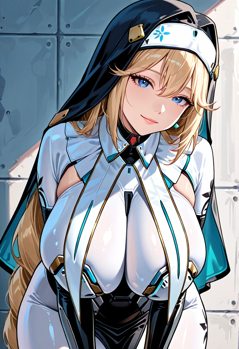 (lactation through clothes:1.1),nipples standing,(nipples peek:1.4)、(nipples are visible、big areola),((bust focus)),anime style、masterpiece、highest quality、1 girl、(big breasts:1.3、shiny skin:1.5、blush)、satella、serious、blonde hair、long hair、cowboy shot、dress、brown cross lace shoes、cleavage、black ribbon、clothing clippings、juliet sleeves、white thigh high sockeadow background