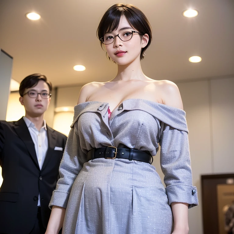 masutepiece, Beautiful and erotic politician, Photo of conversation with male supporter in a messy house, Put your hands together with an embarrassed face, ((Full body shot, Full body zoom out angle)), (((outfit: Pink formal jacket and formal pink pants, Wear a legislator badge on your chest, No bra))), ((Best Quality, 32 k, High resolution)), Photorealistic, Portrait, Detailed eyes, Super Detail Face, super realistic skin, ((Exposed super huge breasts)), (((Background: Visit a shabby Japanese-style house and meet a male supporter))), Spilled super big cleavage, Slim body, Model style,
