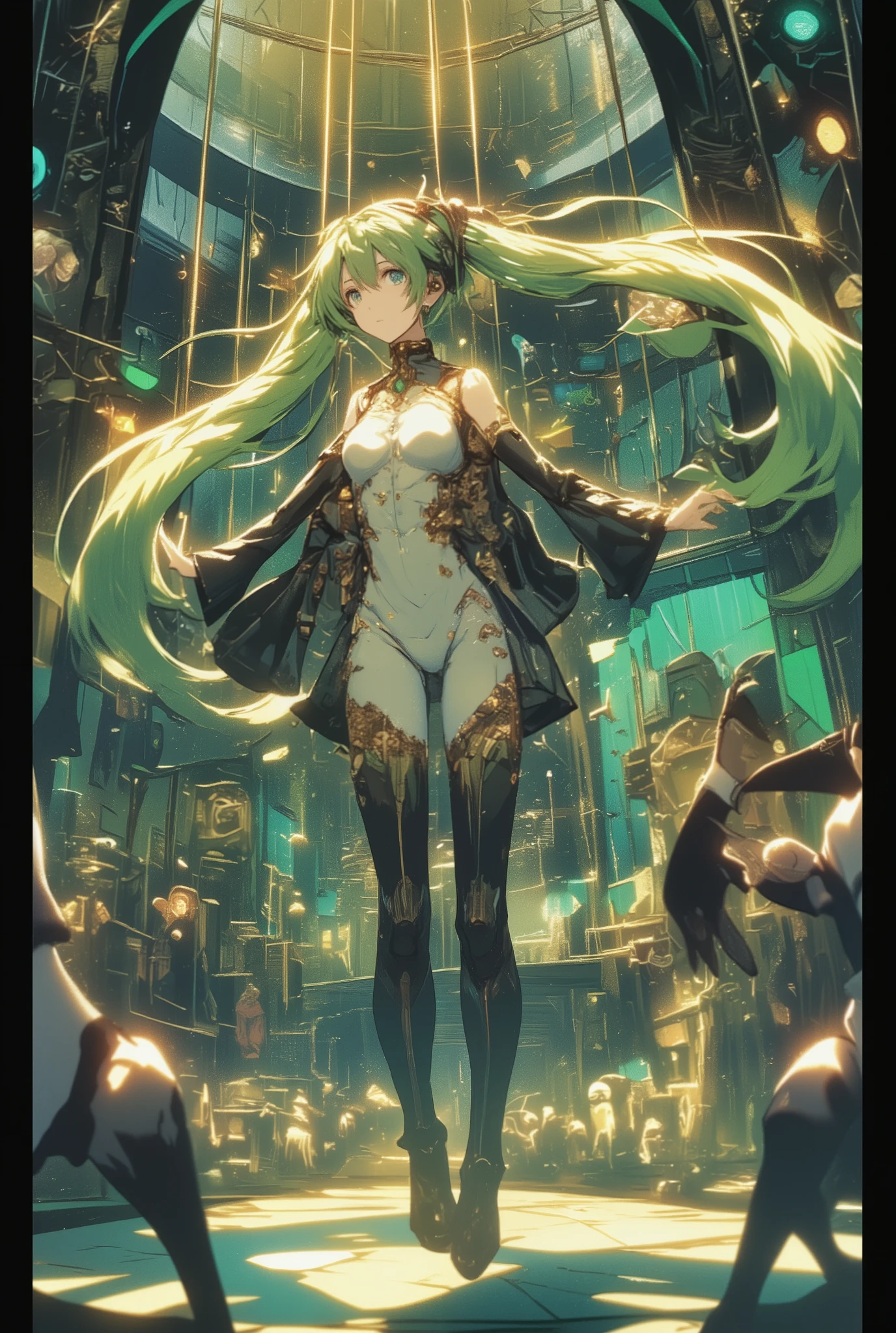 ( masterpiece、 best quality、 best quality、Official Art、 beautiful beautiful :1.2) Hatsune Miku、light green twin tails, beautiful breasts, masterpiece, best quality, high resolution, Skin Transparency, Skin Details, Eye details, facial features , 4K, 8k,(realistic, photorealistic: 1.3),(((threadあやつり人形))),((thread,thread,thread)),吊りthreadであやつる,full body,((Super Mario Marionette)),Spotlight,Ayaturi Puppet Theater,performance,Exquisite joints,threadの舞い,full body,Deformed Characters,little character caught by a hawk,Concept Art