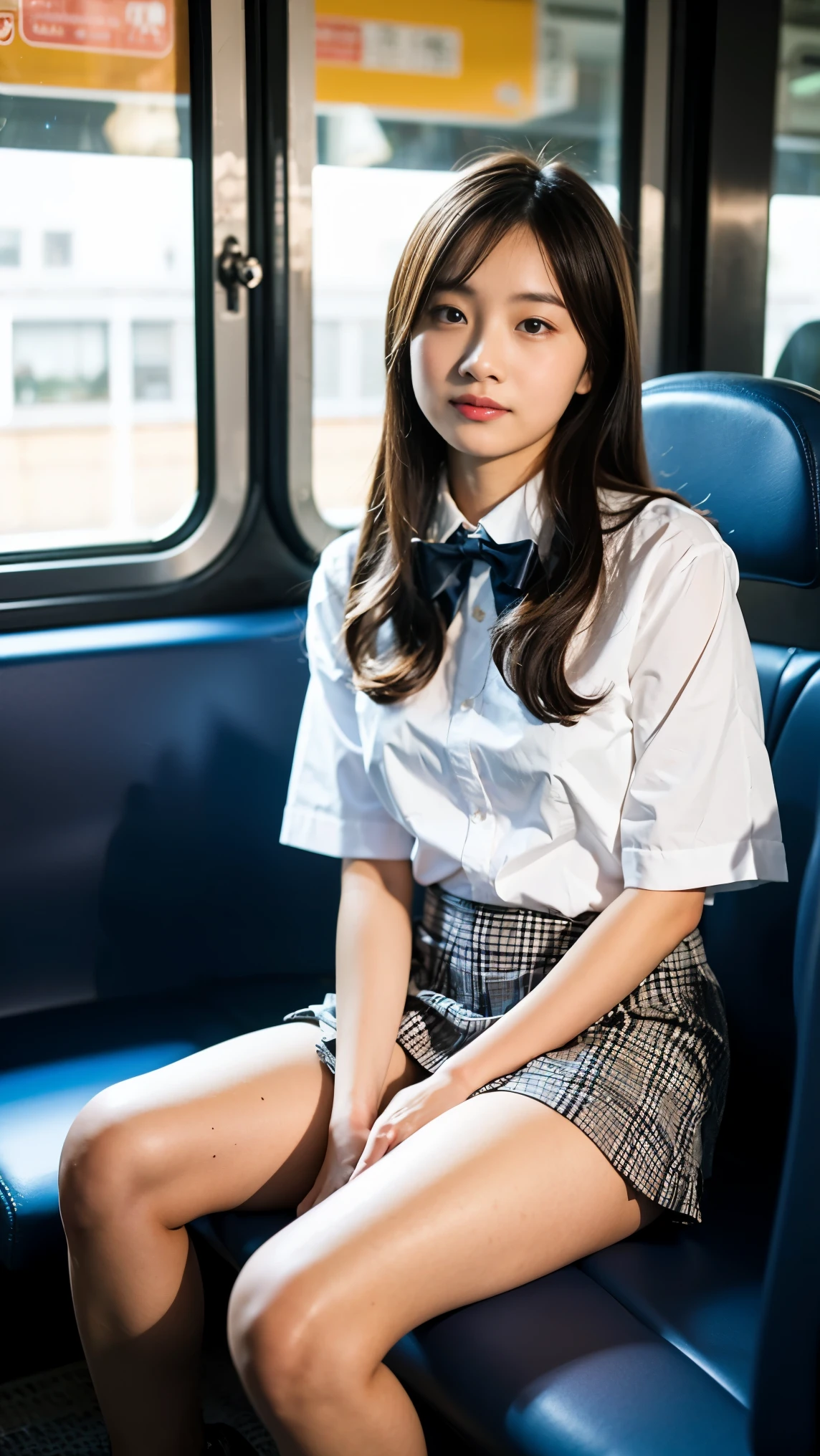 low angle shot, wearing a short skirt、 Asian woman wearing a bow tie sitting on a train, cute high school girl, Japanese high school girl, wearing a Japanese school uniform , wearing a Japanese school uniform , white shirt, HYPERREAL SCHOOLGIRL , high school girl, HYPERREAL SCHOOLGIRL , HYPERREAL SCHOOLGIRL , girl in clothes, girl in clothes, girl in clothes, posing high school girl, full body, white skin, small, Pure white pants, under open legs, Beautiful skin, shiny skin, beautiful thighs, Glowing Thighs, Shining Legs, Bob has his hair cut ,