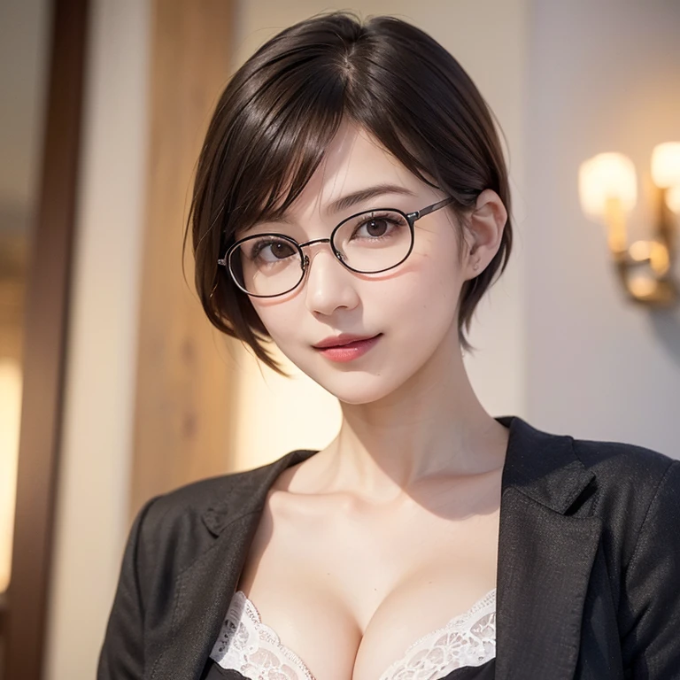 ((Best quality, 8k, Masterpiece :1.3)), 1girl, Pretty woman:1.3, (short hair, Huge breasts :1.2),Ultra-detailed face, Detailed eyes, Double eyelid,((Black Trench Coat)),glasses,from the thighs up
