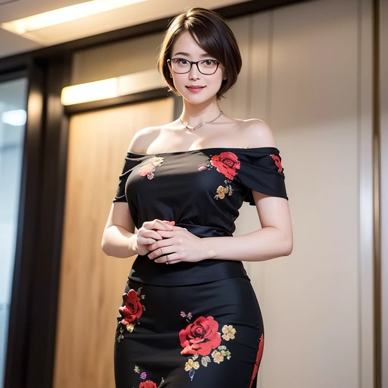 Beautiful and mature 55 year old Japanese woman, Married women, aunt, Fine Lines, Long eyelashes, Glowing Eyes, Short Bob Haircut, (choker), (Deep Red Lipstick), elegant, Slim figure, Rosy Cheeks, Pearl Necklace, Earrings, Cute Smile, Beautiful body lines, Cleavage, Full Body Focus, secretary, office