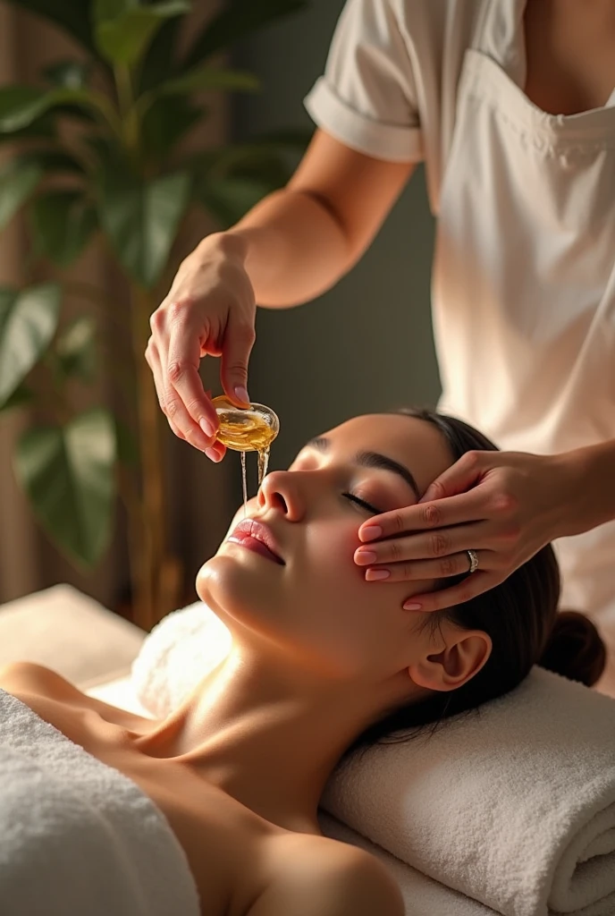 Woman getting a facial massage with a bottle of oil, Symetrical face, exquisite facial details, facial, exclusive, Advanced Technology, beginner, exquisite facial details, The beauty of the face, Symmetrical face, Beauty Shots, Skincare, Acupuncture treatment, Japanese, Perfect facial symmetry, Clear facial and body skin, jimin, Spa, Face Precision