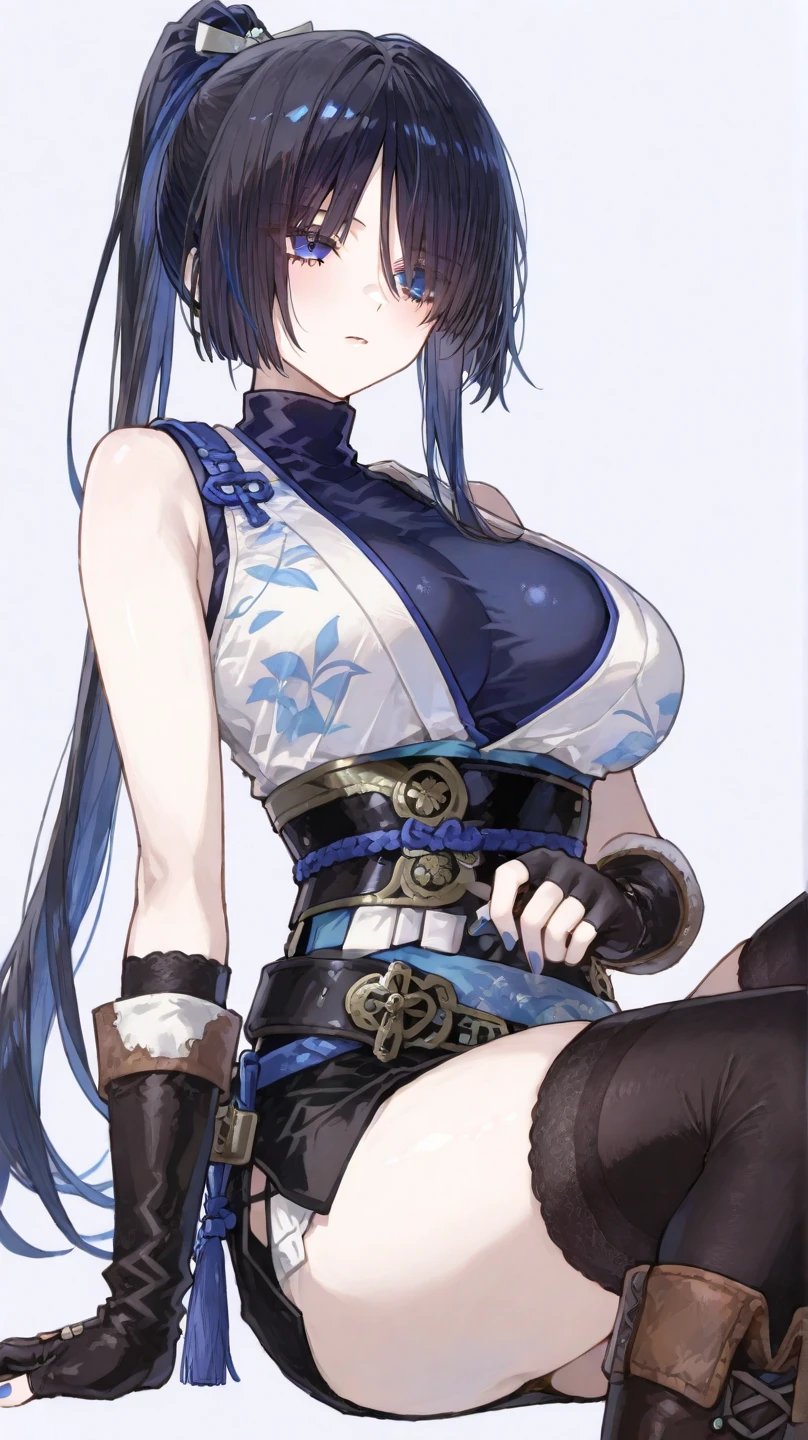 masterpiece, best quality, highres, hmushiwa, side ponytail, long hair, hat, tate eboshi, feather hair ornament, japanese armor, breast curtains, navel, detached sleeves, asymmetrical sleeves, white sleeves, purple sleeves, pom pom (clothes), tassel, blue panties, single glove, single pantsleg, <lora:ushiwakamaru_(fate)_v1:0.7>, crossed arms,