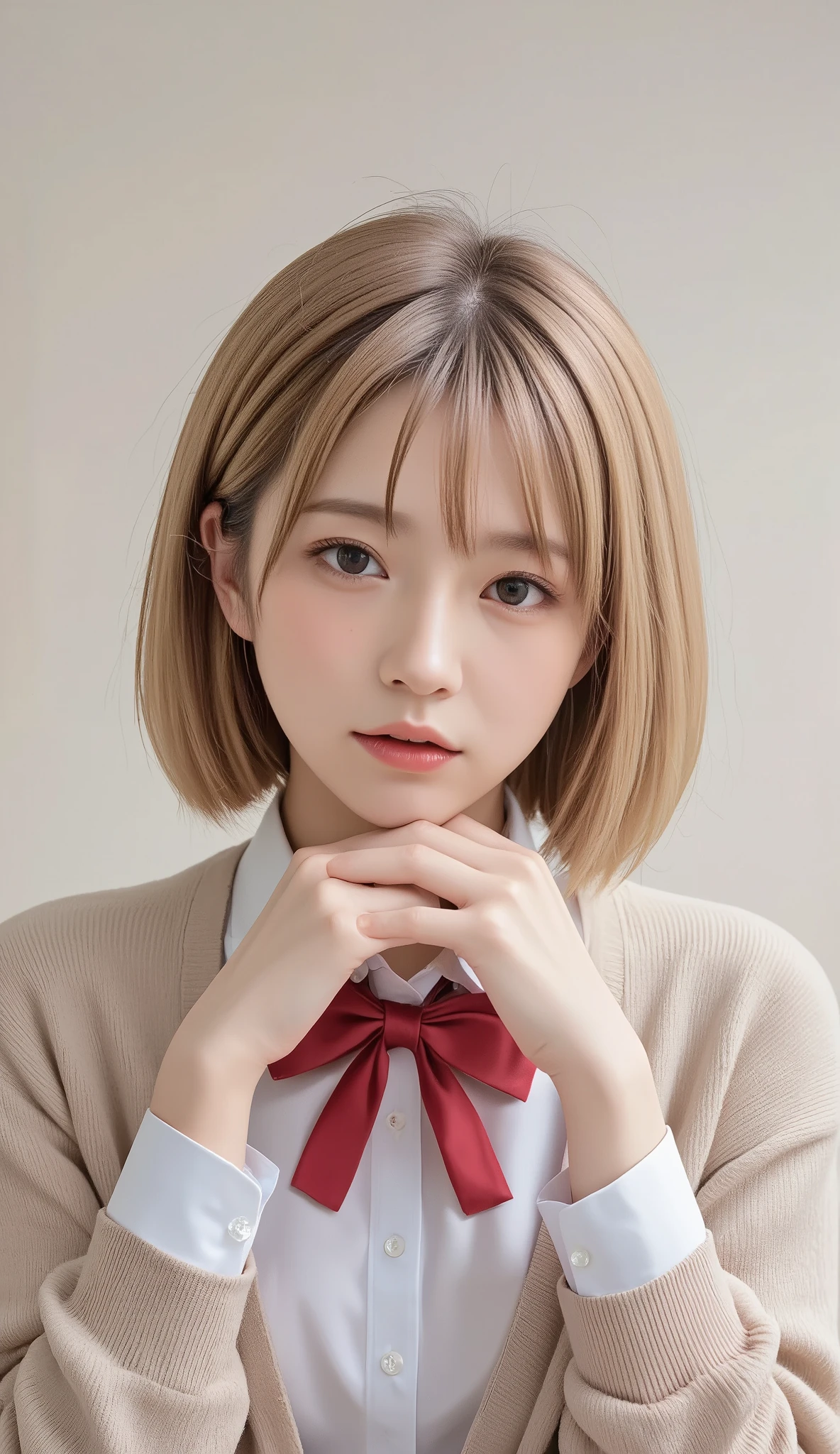 Beautiful Japanese woman. Blonde hair in a very short bob cut. She holds one hand in each hand and rests her chin on it. White shirt, red cross bow tie, beige cardigan.