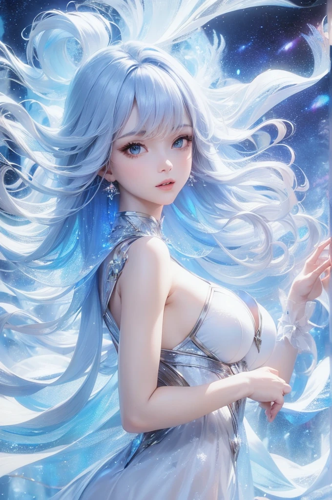 Top quality, ultra high resolution, (photo real: 1.4), Japan person, sky blue hair, long hair, blue eyes, sharp chin, (skinny), small breasts, light makeup, white cape, black string tie, sky blue dress, white lingerie visible under the dress, white down shoulder badge, princess line, smile, cute, small teardrop earrings, on stage, five fingers