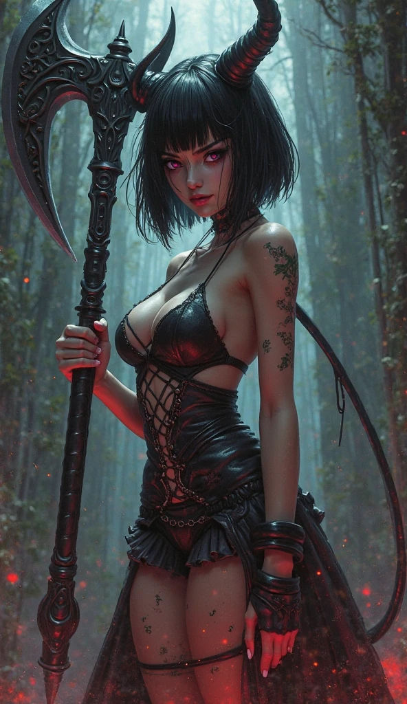 30 year old female cute demon with short hair and big scythe as weapon