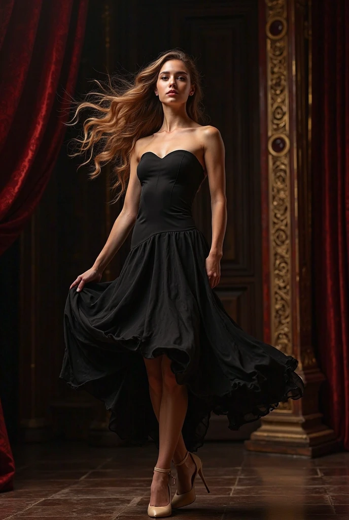 a woman with a deep neckline spitting on the ground, long flowing hair, elegant dress, dramatic pose, dark and moody lighting, cinematic composition, rich colors, detailed textures, photorealistic, (best quality,4k,8k,highres,masterpiece:1.2),ultra-detailed,(realistic,photorealistic,photo-realistic:1.37),dramatic lighting,deep colors,intricate details,dramatic expression,flowing fabric,elegant dress