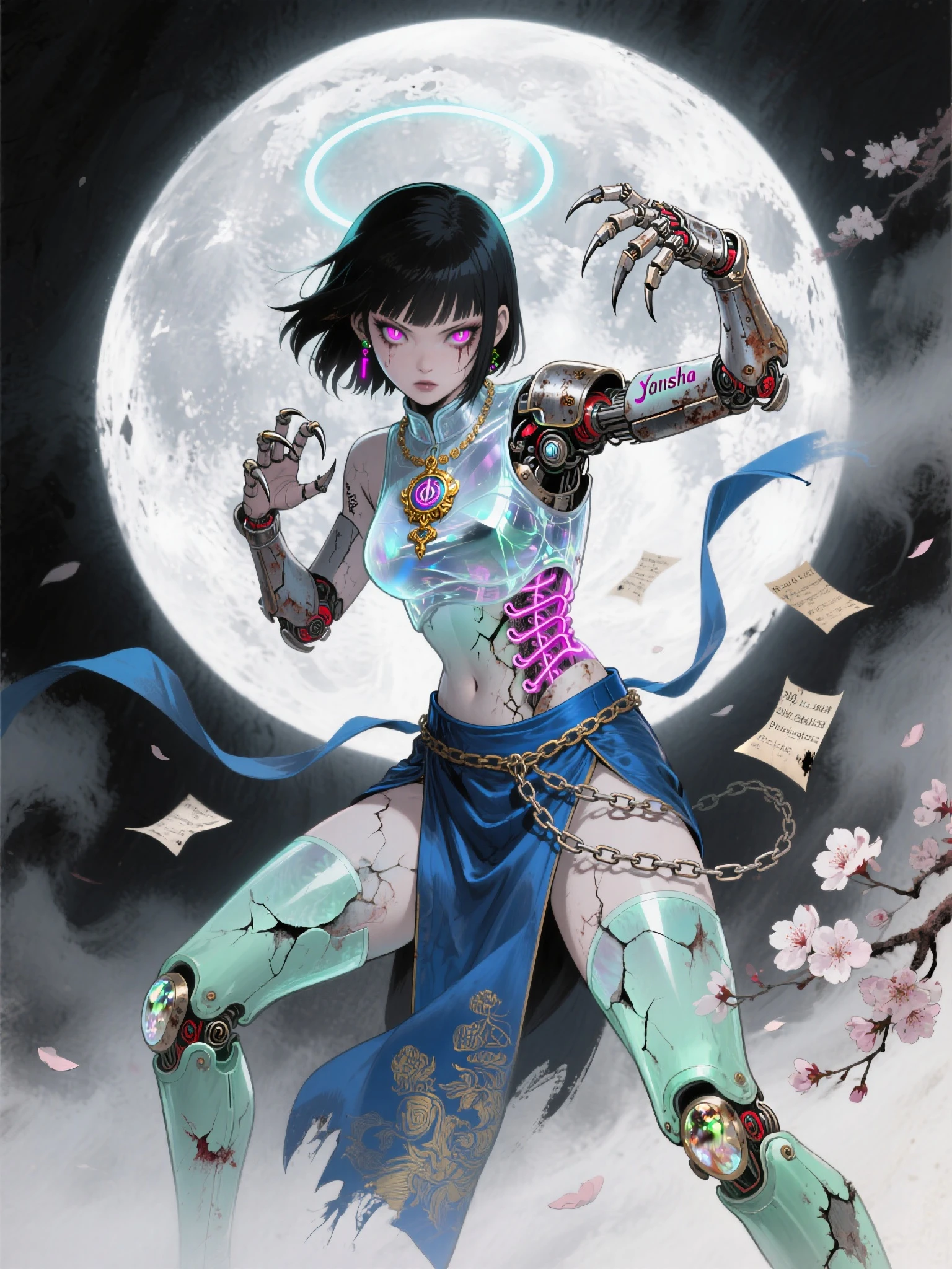 (masterpiece, best quality:1.2), 1girl, solo, JOJO style zombie girl fighting posture under the moon wide-angle lens,After emptying showing the waist and hip curve,Translucent Amulet"Royal Order: Phantom"Wraping around the Jade Legs,The mechanical spine reveals fuchsia neon,blue-gray skin cracks ooze out cherry blossoms Phosphorescent,The mechanical spine exudes fuchsia neon,gilt finger covers gently stroke mother-of-pearl light marks,cobalt blue satin belt with broken chains and scattered notes,sharp claws wrapped around indigo purple arcs and falling petals,silk creases outline,Moon white background smudges ink fog,celluloid thick black contours using brush techniques to strengthen chest and waist curves,rust from the vermilion joints Sand mist,Titanium Alloy Armor Cold Moonlight Halo,Danfeng's eye pupils have a broken glass texture,Floating Seal Body"Yansha"Fluorescent Rune, Illustration in traditional Chinese ink-wash style, zombiegirl