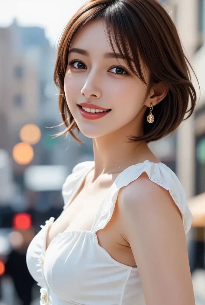 masutepiece, Best Quality, Illustration, Ultra-detailed, finely detail, hight resolution, 8K Wallpaper, Perfect dynamic composition, Beautiful detailed eyes, Women's Fashion Summer,Short bob hair,Small breasts natural color lip, Bold sexy poses,Smile,Harajuku、20 years girl、Cute、Sexy shot looking at camera