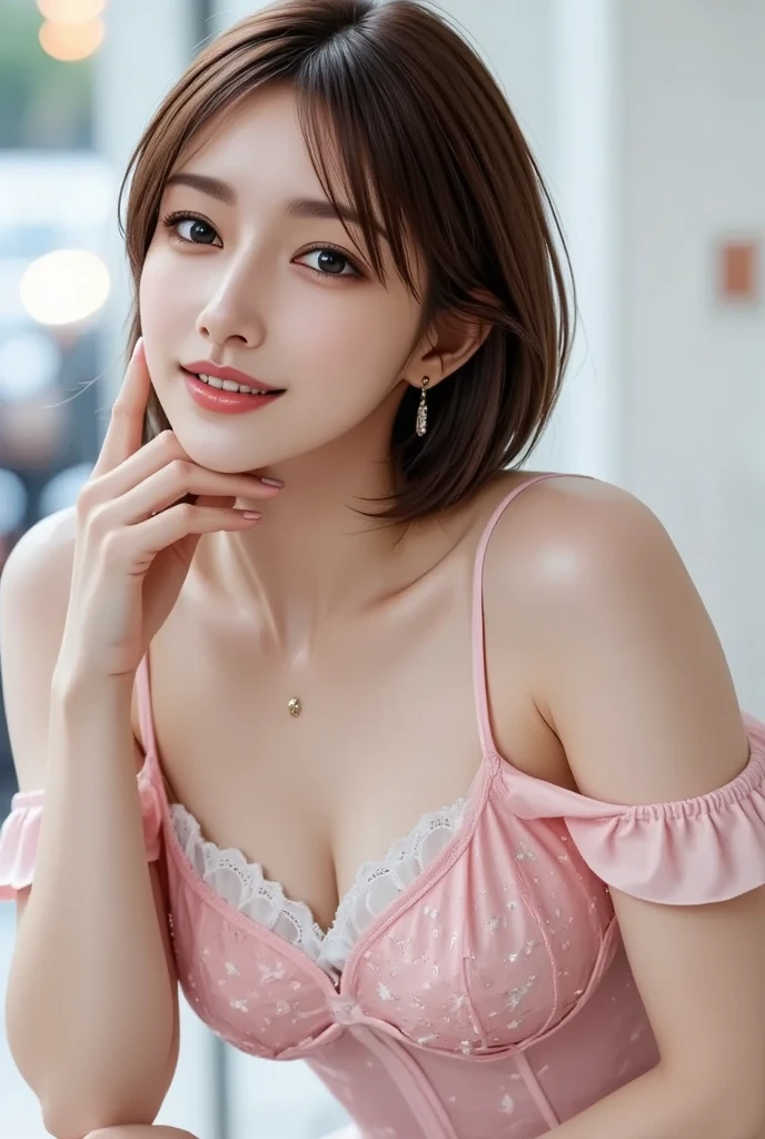 blush a little and smile, (Top quality masterpiece:1.2) Delicate illustrations, Very detailed, /Beautiful Japanese Woman、1 person,Very cute and slim、Great style 、((8k images、super high quality))、Very delicate face, Skin and Hair、Big Breasts、beautifule forehead、Red lipstick、(((((short hair、Light brown hair、lure))))),Very cute Japanese cut face、Eyes and nose are clearly visible、Kind eyes,((((Pink Lingerie))))