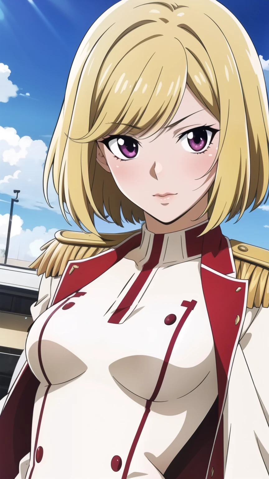 masterpiece, high quality, datch out,(realistic skin texture), (Anime Coloring), very well detailed, very well detailed, preface face, beautiful eye, perfect eyes, detail eye, big highlight, detail face, super detailed, detail eye, Symmetrical eye, (Dynamic Angle), (expressionless), sharp details, That Katamisuzu , blond hair, short hair, (small medium breasts:1.2), Ken1loli、Epaulettes、red jacket、 Long Sleeve、uniform、Zeon、belt、red skirt、white pantyhose, (((1 girl))),beautiful long legs,Beautiful body, Beautiful Nose,beautiful character design, perfect eye, perfect face,expressive eye, perfect balance , viewers,(Focus on her face),closed my mouth, (Innocent_big_eye:1.0),(light_smile face:0.3), official art,Highly Detailed CG Unity 8K Wallpaper, perfect lighting,colorful, bright_Front _face_lighting,white skin, (masterpiece:1.0),(Highest_quality:1.0), High Resolution,4K,super detailed, photo shoot, 8k, High Resolution, High Resolution, (Absard Dress:1.2), Kodak Portra 400, FILM GRAIN, lens flare, ( vibrant_color:1.2), pro pics, (Narrow _ waist ),
