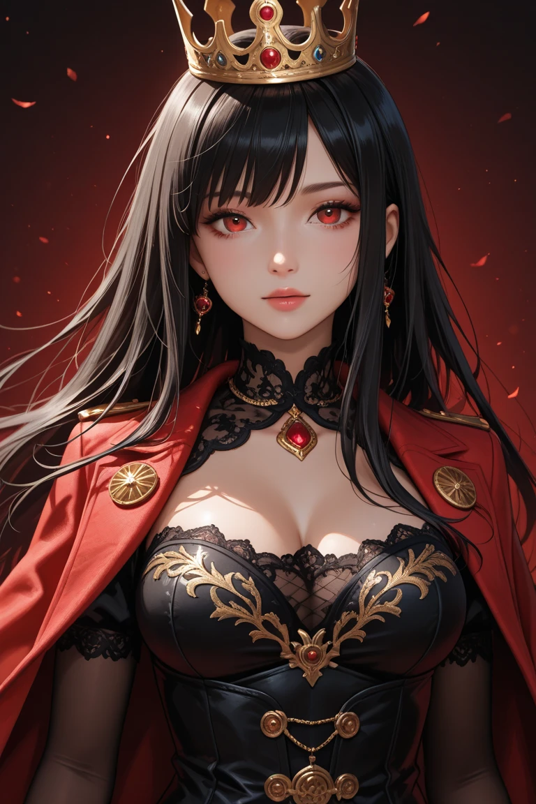 best quality, masterpiece, highres, 1girl, hanfu, white and even teeth, red irises, chinese underwear, hair ornaments, necklace, jewelry, crown jewelry. Pretty face, upper body, magic import style, tyndall effect, photo realistic, dark studio, border light, two tone light, (high detail skin: 1.2), 8k uhd, dslr , soft light, high quality, volumetric light, candid, Photo , high resolution, 4k, 8k, Bokeh, (light pink lips), 1 beautiful demon from hell, In the Dark: 1.6), surreal portraits of women by David Hockney and Alphonse Mucha, fantasy art, photorealism, dynamic lighting, station art, posters, volumetric lighting, highly detailed faces , super 8k, Awarded, in the dark, deep shadow, low light, cowboy lens, (Red phoenix shirt: 1.4), long hair, black hair, bust, luxury palace, Royal style family, devil's crown, red eyes with very sharp and detailed makeup, Best face, Very round and tight breasts, Surreal, chinese women's clothing, turtleneck polo lace top, charming smile, Beautiful eye makeup, guweiz, devil style, black lace stockings, mesh stockings with hooks on underwear, ponytail with a bow at the back, dark red lips, Devil tattoo on shoulder, wearing a nightgown thin lace deep slit chest red black, overcast and thunderous landscape, (Portrait), Close-up of main character, (Background detail 1.8), lace socks worn at the waist,