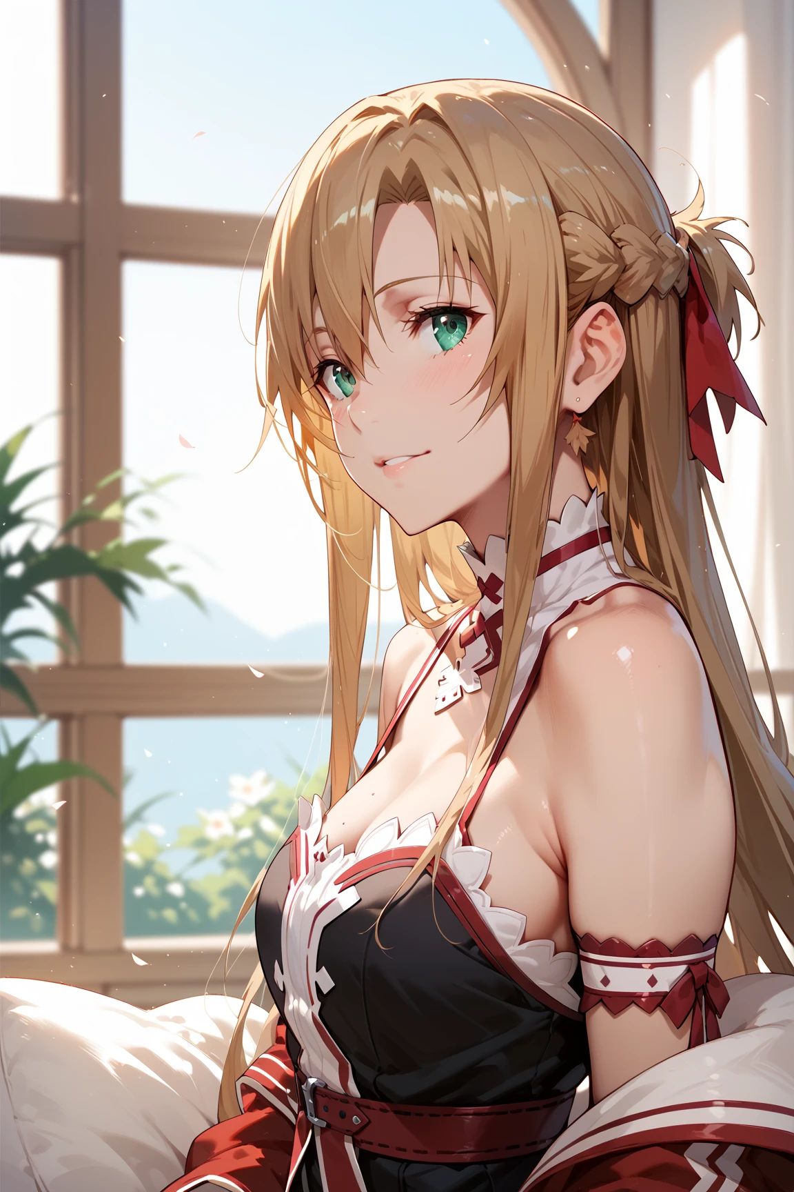 anatomically correct, best quality, masterpiece, high quality, high details, highres, HD, (shaded face:1.2), hollow eyes, yellow eyes, looking at viewer, seductive smile, lips, rose, blonde hair, drill hair, long hair, sweating, wet, breasts, large_breasts, cleavage, long_hair, swimsuit, choker, 1girl, bikini, collarbone, water, looking_at_viewer, bare_shoulders, rigging, red_eyes, very_long_hair, solo, bangs, smile, ponytail, blush, closed_mouth, halterneck, white_bikini, sidelocks, hair_between_eyes, ribbon, outdoors