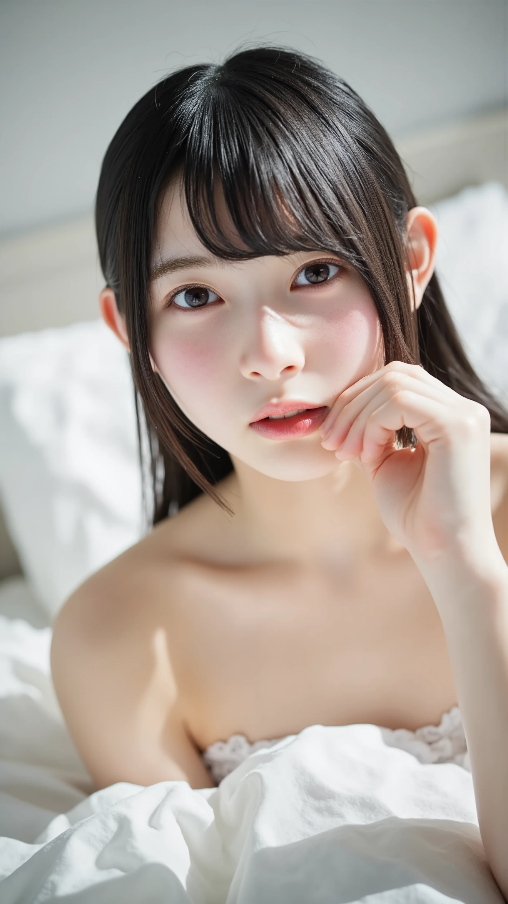 1 Female,During sex,Gaze Here,Photorealistic,A dreamy look,Realistic,Highest quality,8K, Ultra high definition,RAW Photos,Perfect figure,Beauty,Small breasts,View your viewers,Subjective,During sex,intense,topless,Only panties,