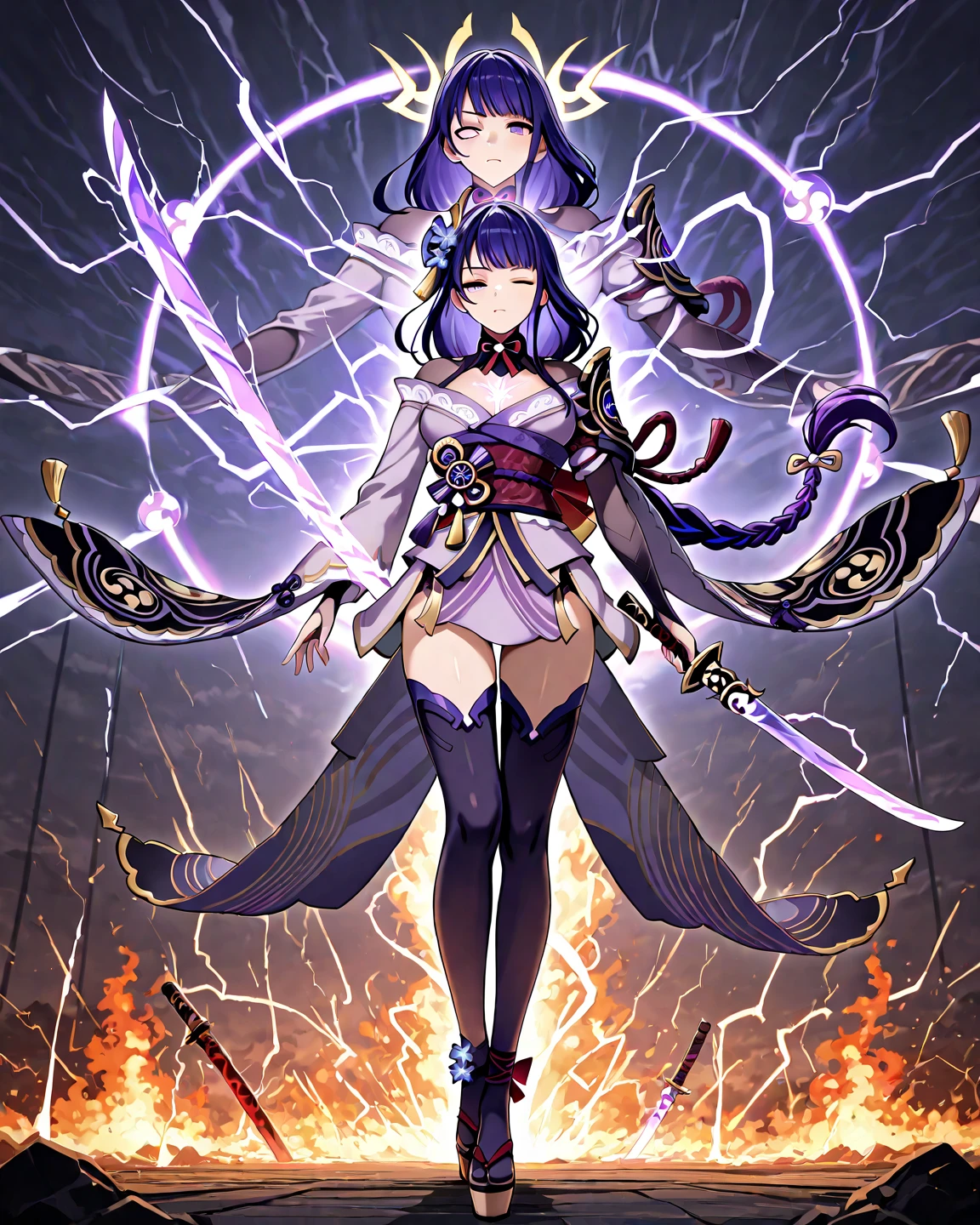Create a breathtaking artwork capturing the enigmatic beauty and power of the character Raiden Shogun from Genshin Impact. Portray her standing atop the divine lightning, her ceremonial attire flowing majestically as she wields her polearm 'Musou Shinsetsu.' The backdrop should showcase the ephemeral splendor of the Inazuma landscape, with thunderstorms illuminating the horizon and the emblematic Shogun's palace faintly visible in the distance. Let the artwork evoke a sense of both reverence and mystery, capturing the essence of Raiden Shogun's character in all its glory, lightning sword, lightning, in the mountain, blue sky.
