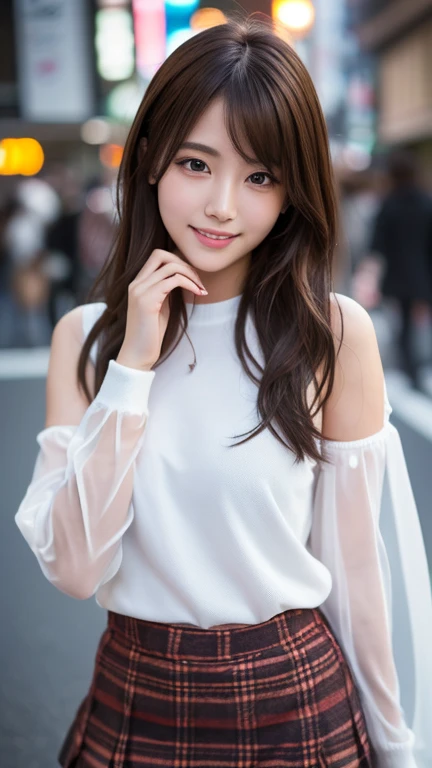 ((City of night:1.3, Outdoor, Photographed from the front))), ((Long Hair:1.3,White Off Shoulder Blouse,smile,Japanese women,cute)), (clean, Natural Makeup), (Highest quality, masterpiece:1.3, 超High resolution), (Very detailedな, Caustics), (Realistic:1.4, RAW shooting), Very detailed, High resolution, 16K resolution