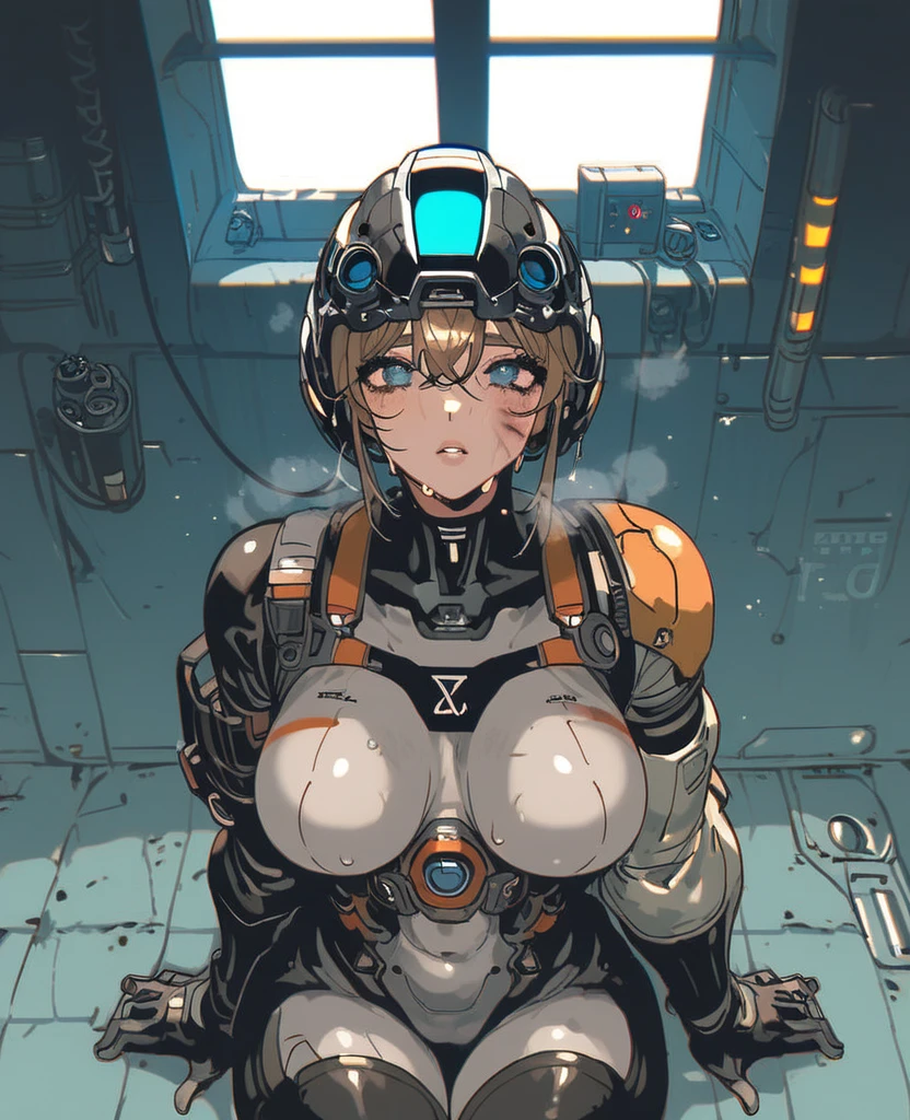 1 dark skinned girl, futuristic mech pilot, topless, no panties, huge breasts, mech pilot base, very fit, humanoid mecha in background, very sweaty, small waist with big bubble butt, smiling for a photo, cameltoe pussy