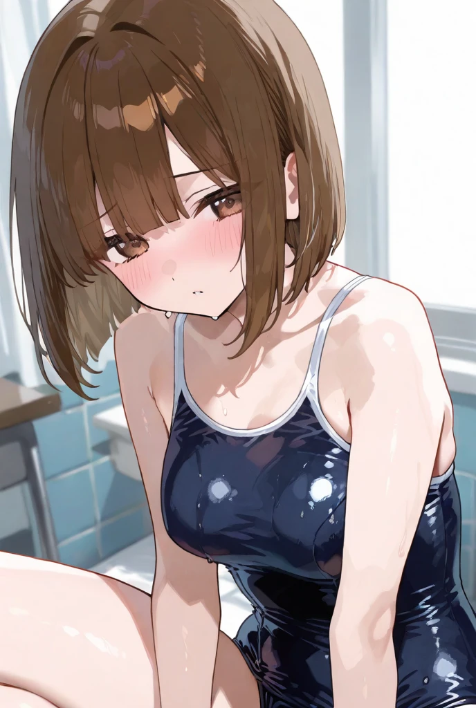 Hide your with your hands、Blushing、Embarrassed expression、Sweaty、one-piece swimsuit, strap slip、swimsuit、Chestnut Hair、Semi-long hair、、Cute Swimsuit、Random erotic poses、Chestnut Hair、Semi-long hair、Blushing、lipstick、Perfect hands、Detailed hands、locker room、one-piece swimsuit, strap slip、hand bra