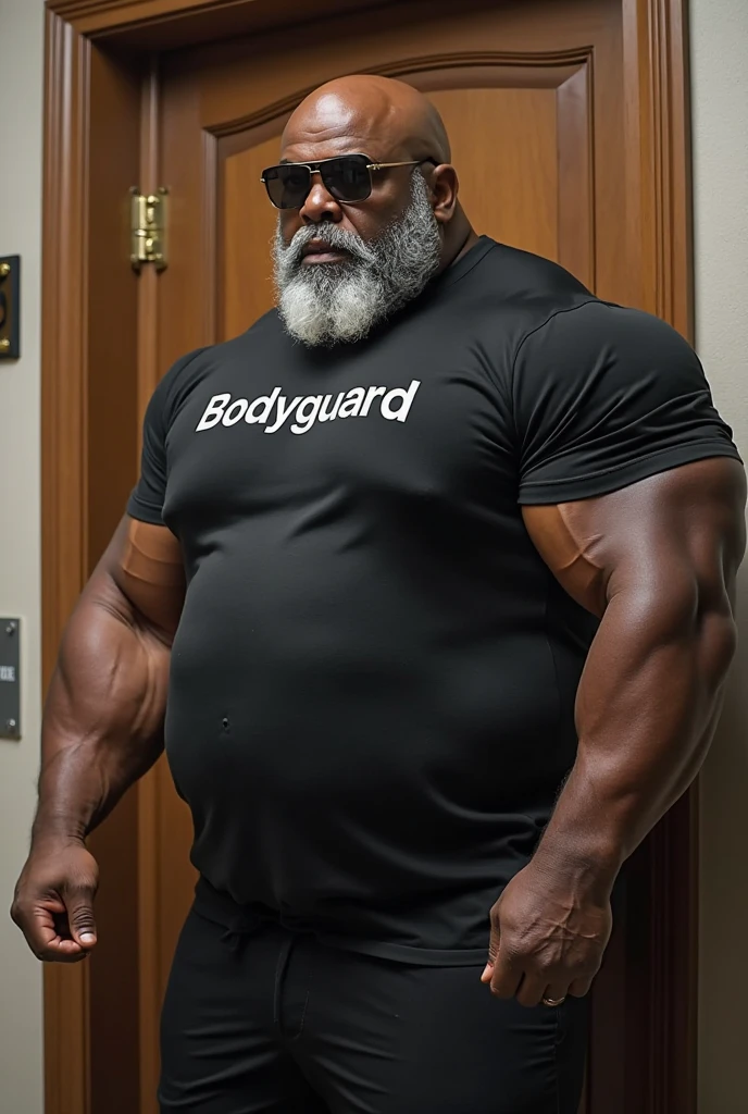 an extremely muscular and extremely fat silver haired African American man over 70 years old ,de mas de 400 libras de peso,con pectorales muy grandes con pezones muy grandes y puntiagudos, with muscles flexed, culturista,de cabello largo y ondulado, in an outside garden of a Florentine palace, con luz difusa , usando una tanguita de hoja de parra