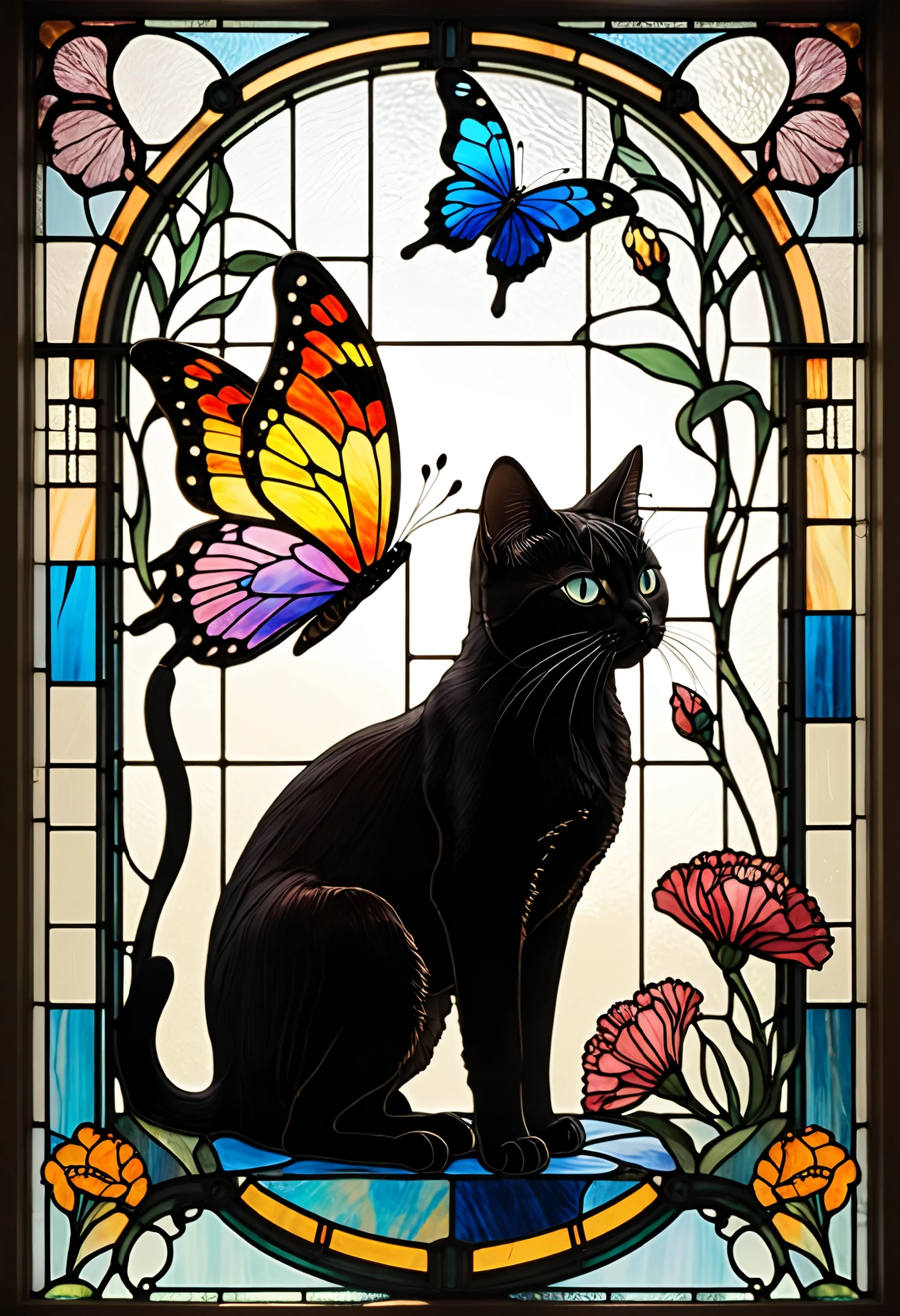 Closeup of a butterfly and a black cat、抽象化したstained glassの黒猫の横向き、a black cat is holding up its front legs and a colorful butterfly is perched、stained glassアート、stained glassスタイル、輝くstained glassの背景、Carnations-themed、カラフルなstained glass、ゴシックstained glassスタイル、バックライト付きstained glass、複雑なstained glass、stained glass、stained glass、Psychedelic Butterflies and Black Cats、inspired by Louis Comfort Tiffany、stained glass!,Art Nouveau aesthetics