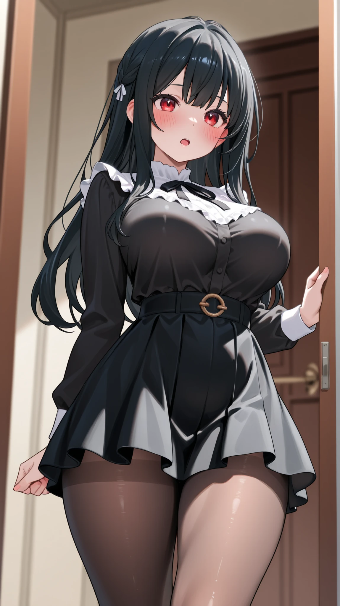 ((masterpiece:1.4)), ((highest quality:1.4)), ((masterpiece)), ((highest quality)), ((Intricate and detailed:1.4)), ((Super detailed)), Absurd resolution, perspective, dynamic, Very detailed, Bokeh, 8k,Official Art,Very detailed CG ユニティ 8k 壁紙, Cinema Lighting, Rim Light, Dim lighting, Ambient Lighting, One girl,17 year old female,Mature Woman, Best Shadow,Detailed white skin texture, Beautiful face in every detail, One girl,alone,View Viewer, Shiny skin,Charm,Beautiful detailed long black hair,(Blunt bangs:1.3), "blue eyes", compensate, Thick eyelashes, eye shadow, Beautiful Eyes, Hyper Detail, Super detailedな目, blush,Sharp eyes, Lips closed, ((Huge breasts:1.4)), Symmetrical breasts, ((Edge Quality,blouseを着た女性,and a short leather skirt:1.3))((Wearing EDGCT,blouse:1.4)),((Nipples showing through white shirt)),((Long nipples)),((emerald brooch|Puffy sleeves|Frills:1.4))|((Shirt buttons:1.2)), ((Waist belt, Black leather short hot pants combo garter belt, stockings)),((Curved body,Slim waist,Wide Hips,Thighs)), Fits perfectly to the skin, Leg gap, 美しいThighs, Beautiful legs, Long legs, (Perfect hands), (Wear glasses:1.3), indoor ((Against the backdrop of a medieval aristocratic mansion,playful nature:1.4))(Blurred Background:1.2), Detailed Background, ((Cozy atmosphere:1.3)), Thighs, ((Are standing)(Are standing:1.2)), (Purelos Face_v1), Edge Hime cut, ((From the side)),Low - Angle,Tall Woman,Shiny skin, (Huge breasts: 1.5),((??????,blush,Ahegao,saliva,saliva trail:1.1)), ((Sweat a lot)),Pussy juice,