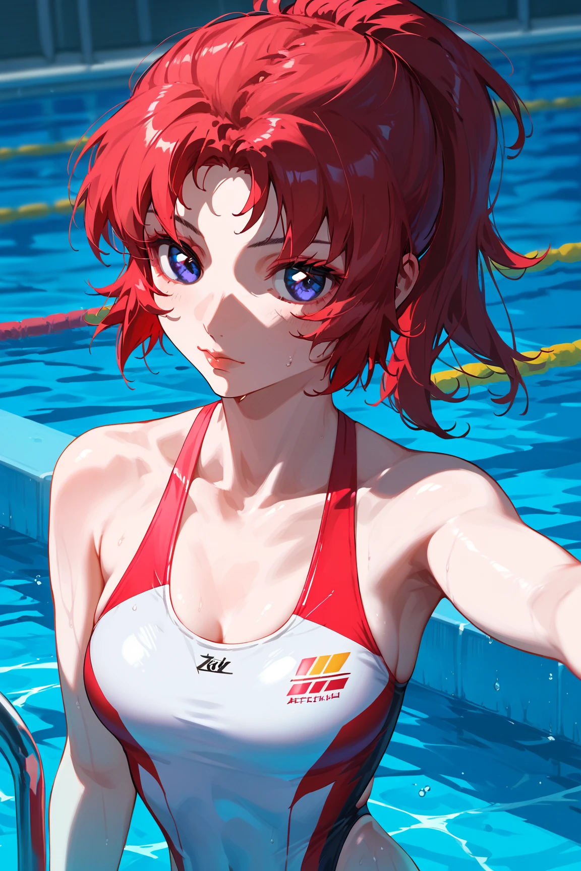 masterpiece、highest quality、High resolution、Two realistic girls、Competitive swimmer、Close-up of a person、Wearing a red bodysuit、During Competitive swimmerics competitions、smile、Swimming Venues、Sexy competitive swimsuit
