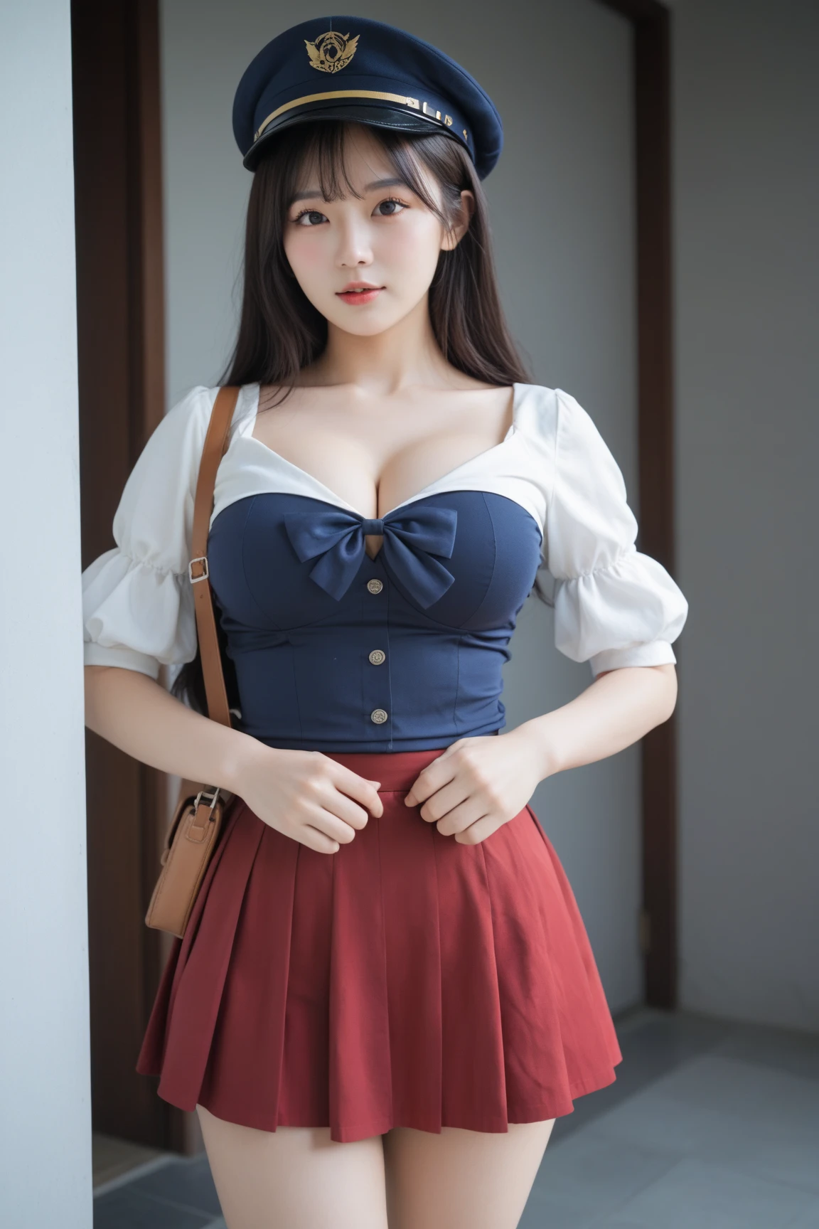 American woman, Intimate, face blush, red blushy cheeks, long wavy hair, feeling excited, beautiful thighs, in love, wearing wedding outfit with mini pleated skirt