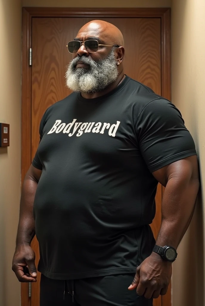 (8K Graphic Art) (bottom of a narrow hallway) sexy: A single bald African man without hair, obese, serious, 40 year old grumpy 35 meter tall bodyguard, He has his penis exposed, corpulento de barriga con una forma redonda con un cuerpo obese completo, wearing a white uniform shirt, Long pants, sunglasses, with his arms supporting his stomach, unzipped pants,