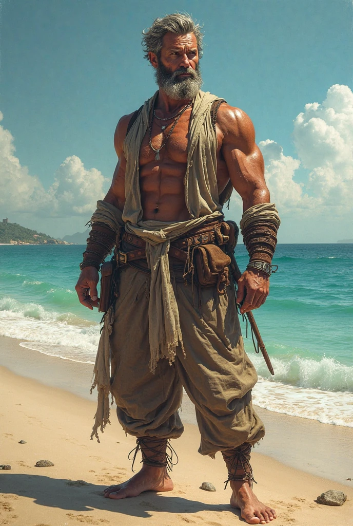 Timoji, Timoja, Pirate, Indian, 16th century, renaissance, wearing Indian Clothes, Indian scarf, man, old, very veteran pirate, wrinkle, scars on limbs and face, warlike aura, background is high waves indian ocean, grandpa, captain, brave, energetic, ambitious, opportunitist