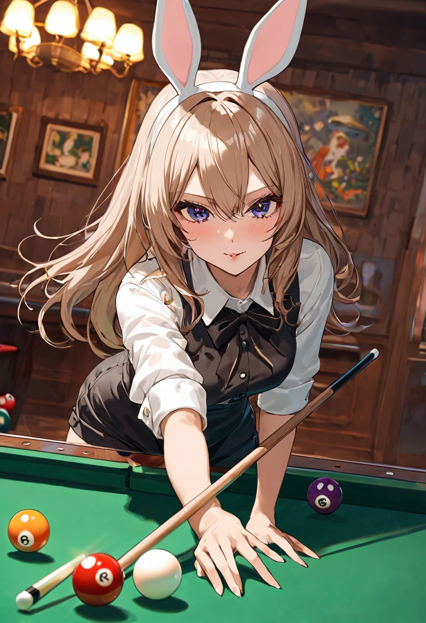 (Highest quality,8k,32K,masterpiece,Ultra-high resolution :1.2 ),born,One girl,Super cute,Natural light,Clear, shining eyes,20-year-old,Fair skin,Billiard table electronic world fantasy background,Golden Hair,short hair,Large Breasts,In a bra